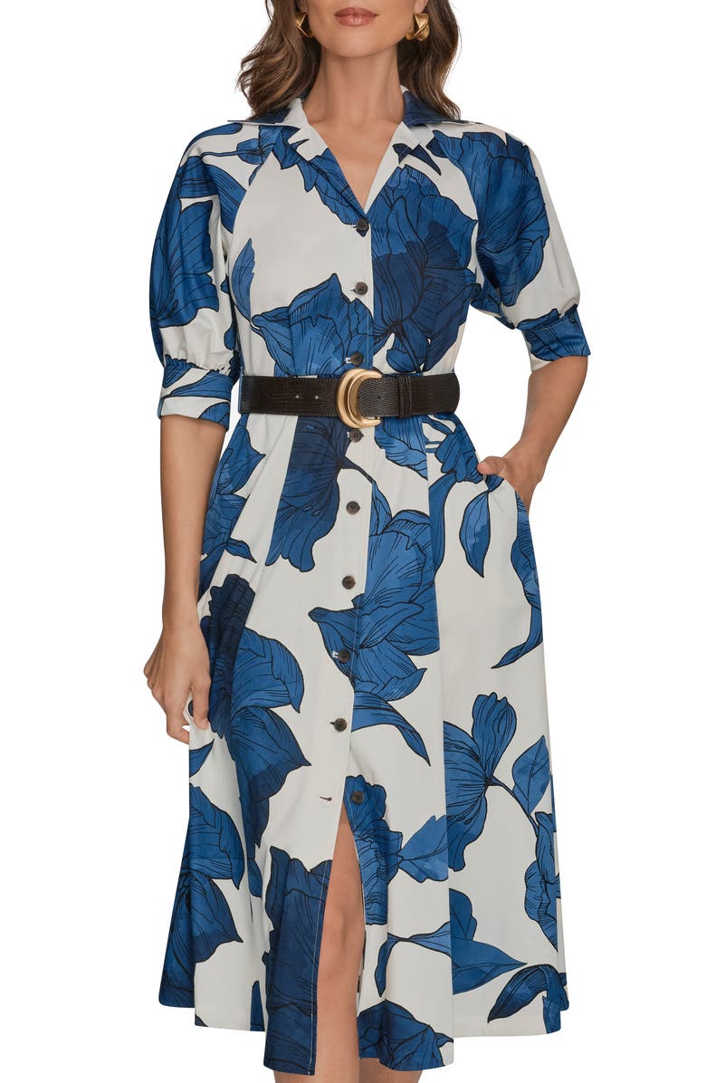 Donna Karan New York Belted Stretch Cotton Shirtdress, Alternate, color, Cream/ Nightfall Multi