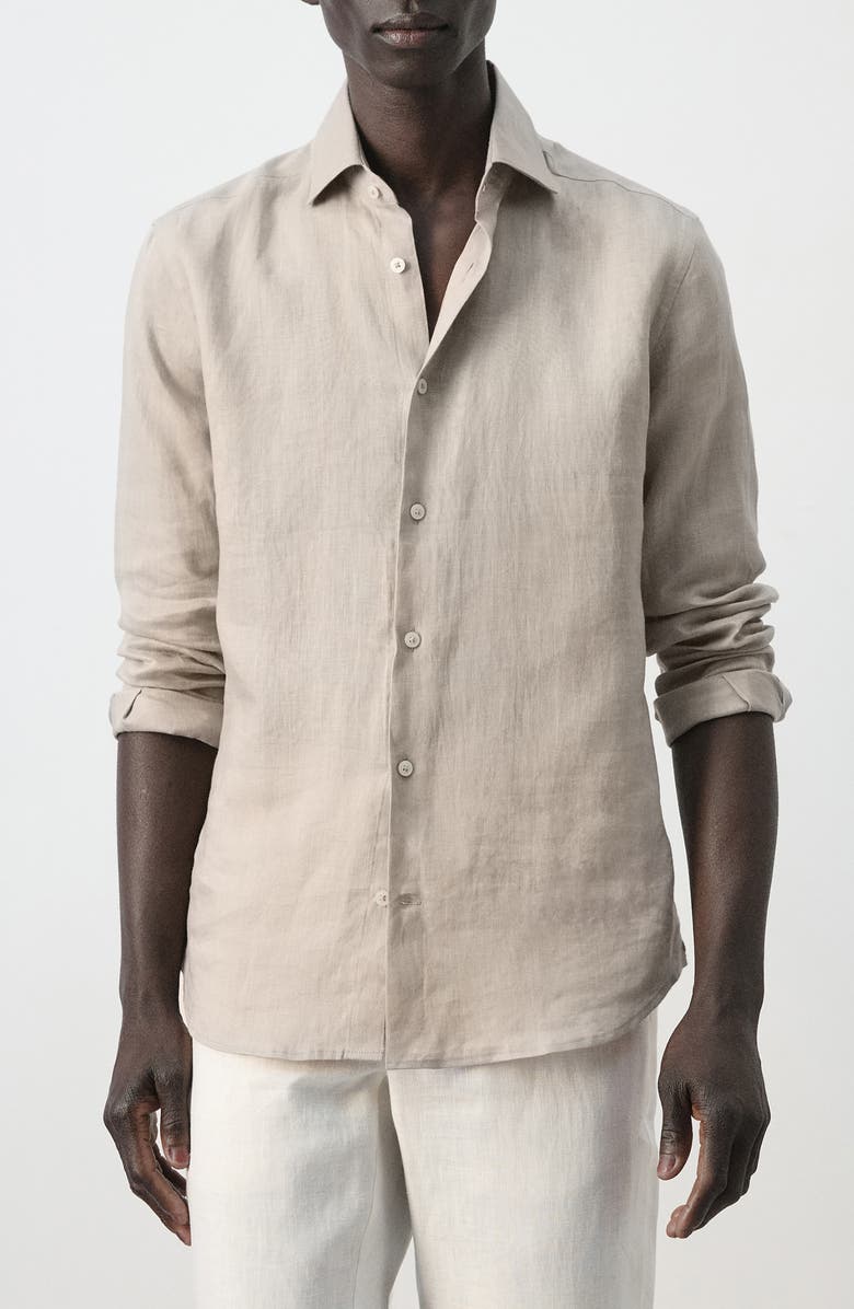 MANGO Slim Fit Linen Button-Up Shirt, Main, color, Sand
