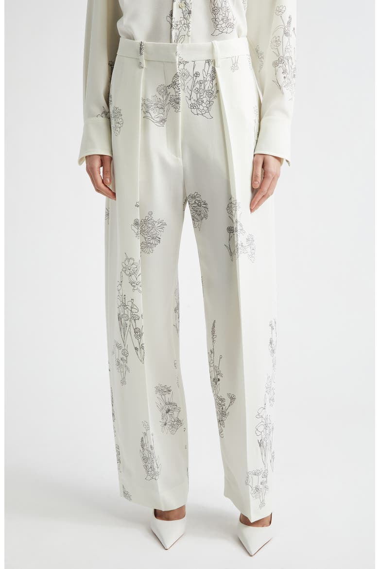 Floral Print Pleated Wide Leg Trousers, Main, color, OFF WHITE/BLACK