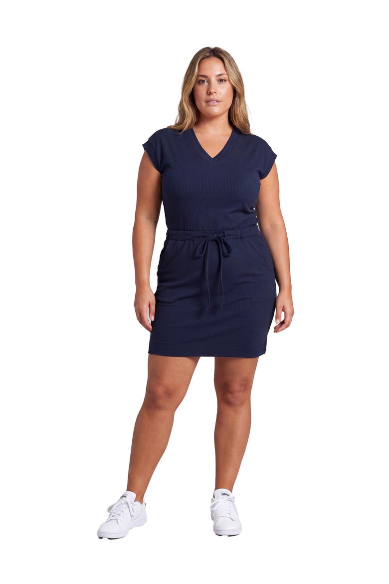 Curvy Essential Ribbed Knit V-Neck Drawstring Waist Pocket Knee-Length Dress, Main, color, Navy