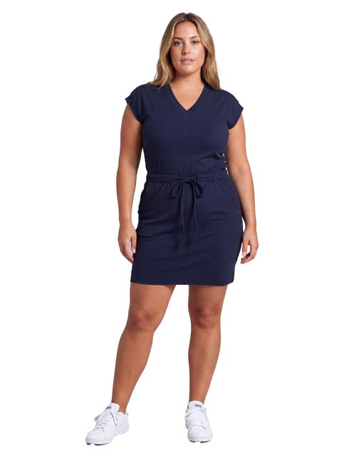 Curvy Essential Ribbed Knit V-Neck Drawstring Waist Pocket Knee-Length Dress