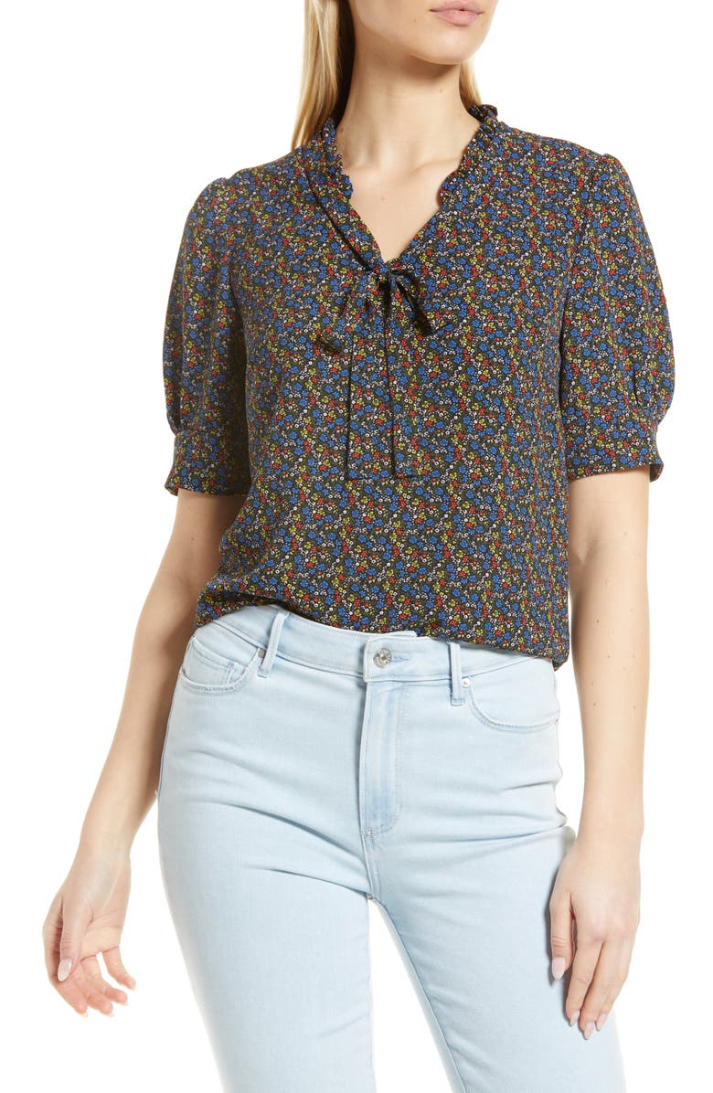 CeCe Floral Print Tie Neck Blouse, Main, color, 