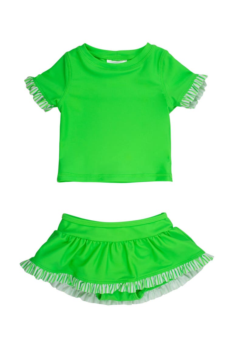 RuffleButts Girls Short Sleeve Ruffle UPF50+ Rash Guard Skirted 2-Piece, Main, color, Neon Lime