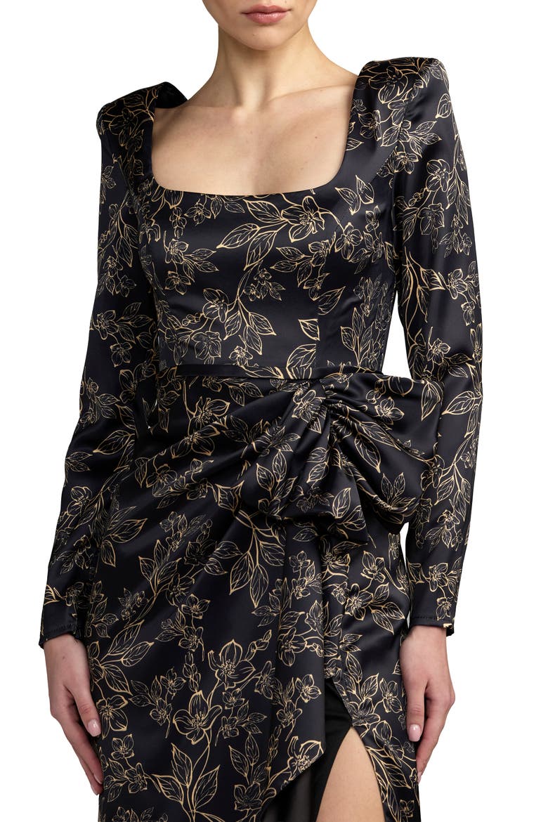 Floral Printed Long Sleeve Gown With Bow, Alternate, color, Black Multi