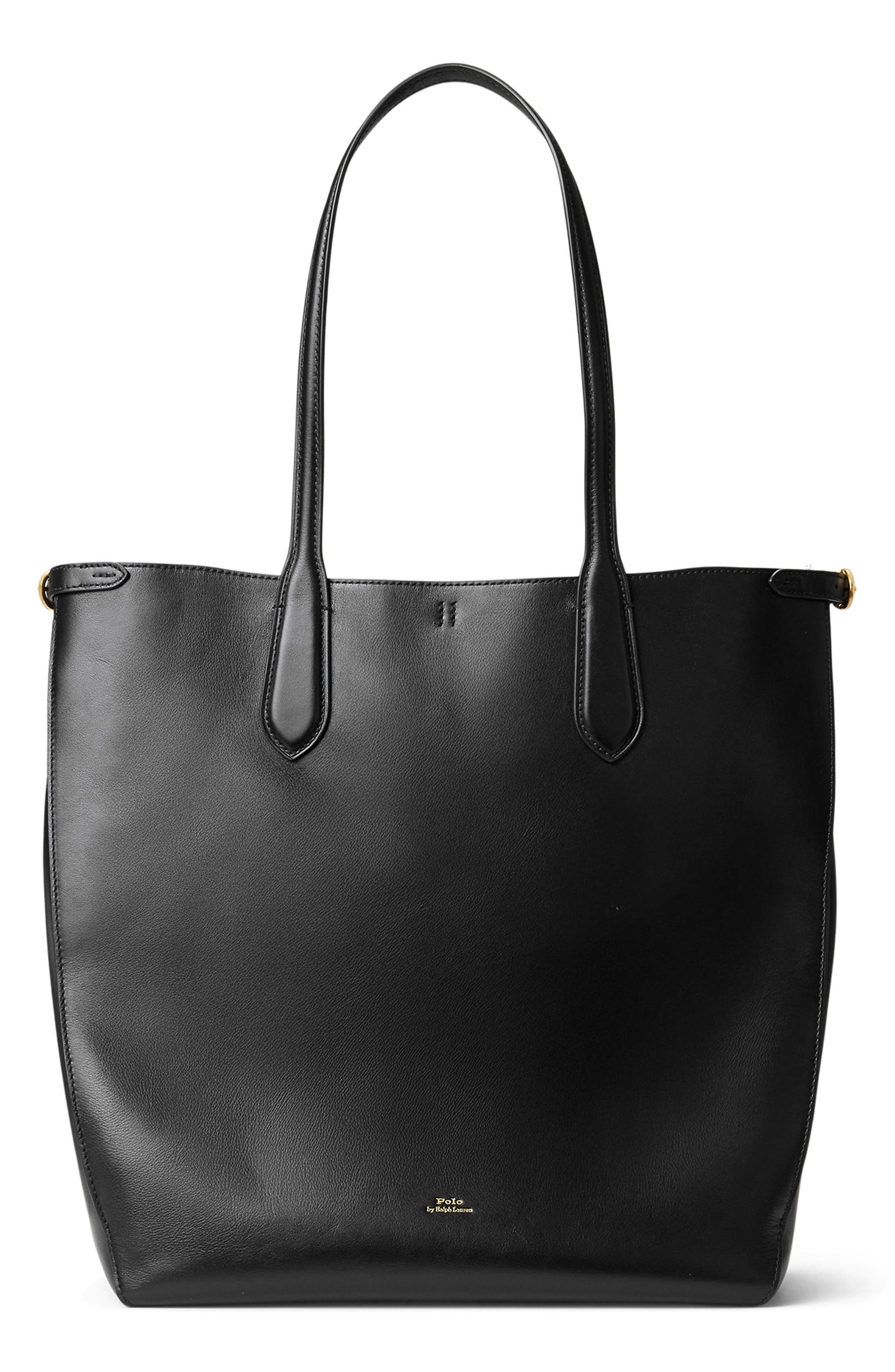 Polo Ralph Lauren Calfskin Leather Tote Bag, Main, color, Black