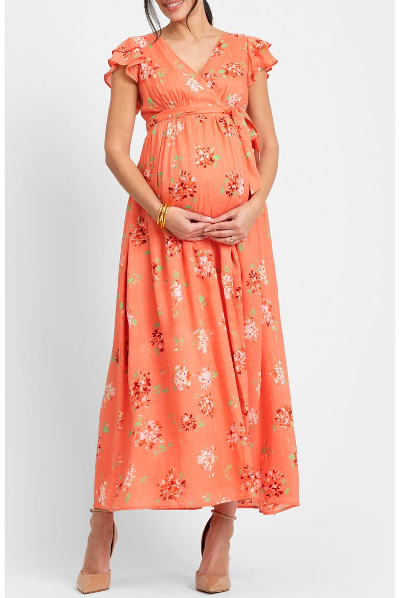 Flutter Sleeve Faux Wrap Maternity Dress, Main, color, CORAL PRINT