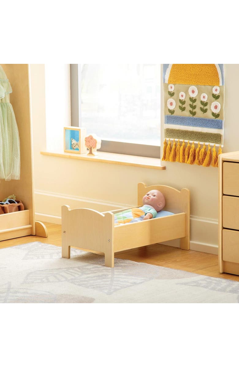 Kaplan Early Learning Company Wooden Doll Bed with Bedding, Alternate, color, Beige