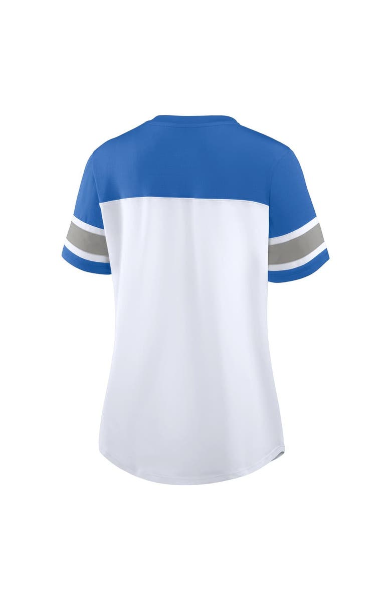 FANATICS Women's Fanatics White/Blue Detroit Lions Athena Rhinestone Lace-Up V-Neck T-Shirt, Alternate, color,
