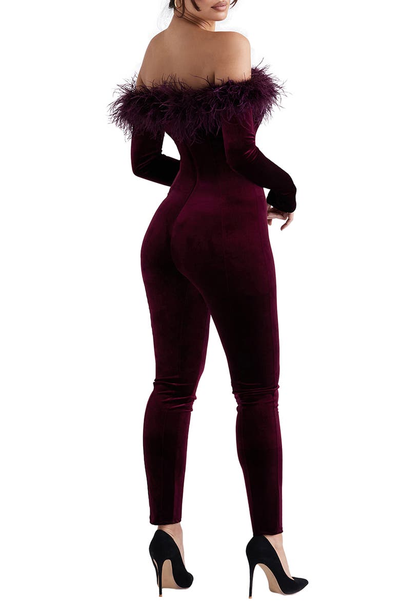 Salima Feather Trim Off the Shoulder Long Sleeve Velvet Jumpsuit, Alternate, color, BROWN CHERRY
