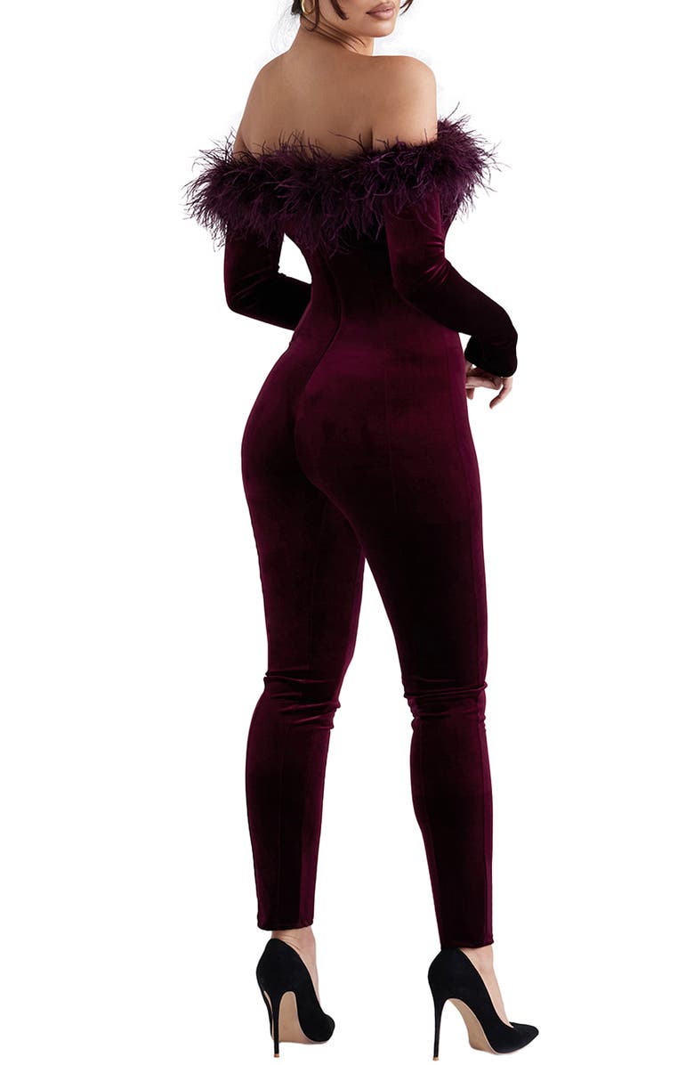 HOUSE OF CB Salima Feather Trim Off the Shoulder Long Sleeve Velvet Jumpsuit, Alternate, color, 