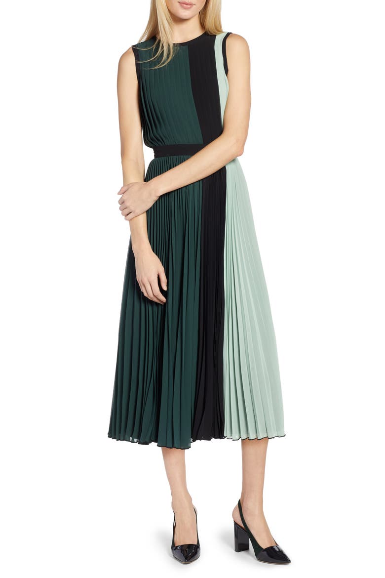 x Atlantic-Pacific Colorblock Pleated Midi Dress, Main, color, GREEN- BLACK COLORBLOCK