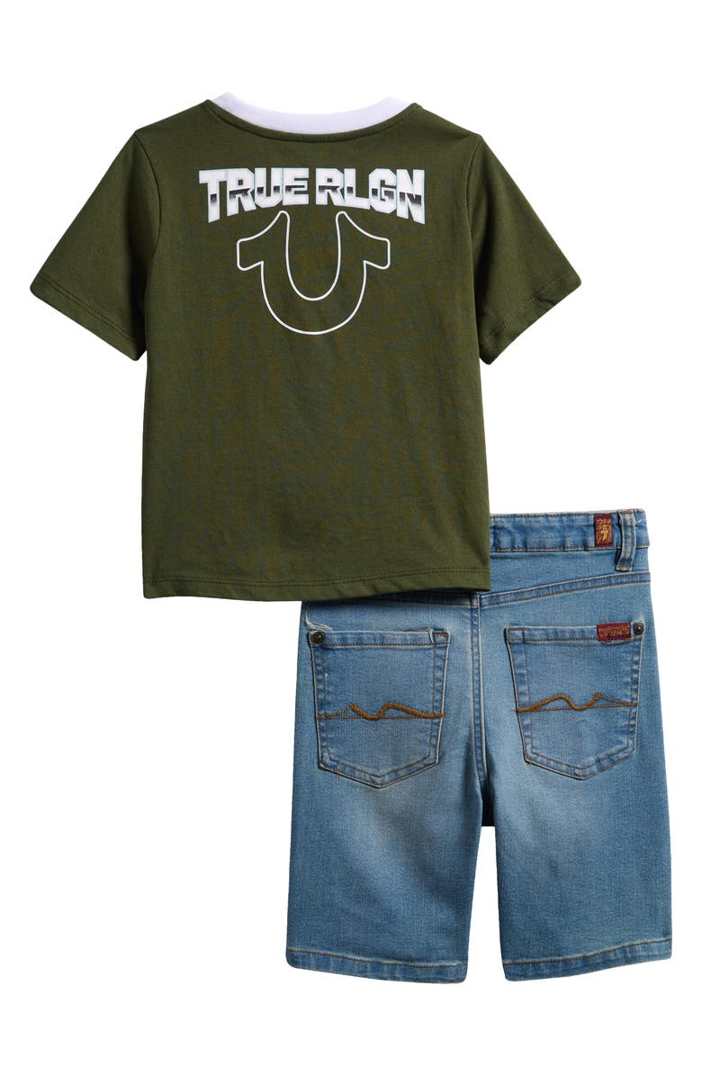 True Religion Logo Ringer T-Shirt & Denim Cargo Shorts, Alternate, color, 