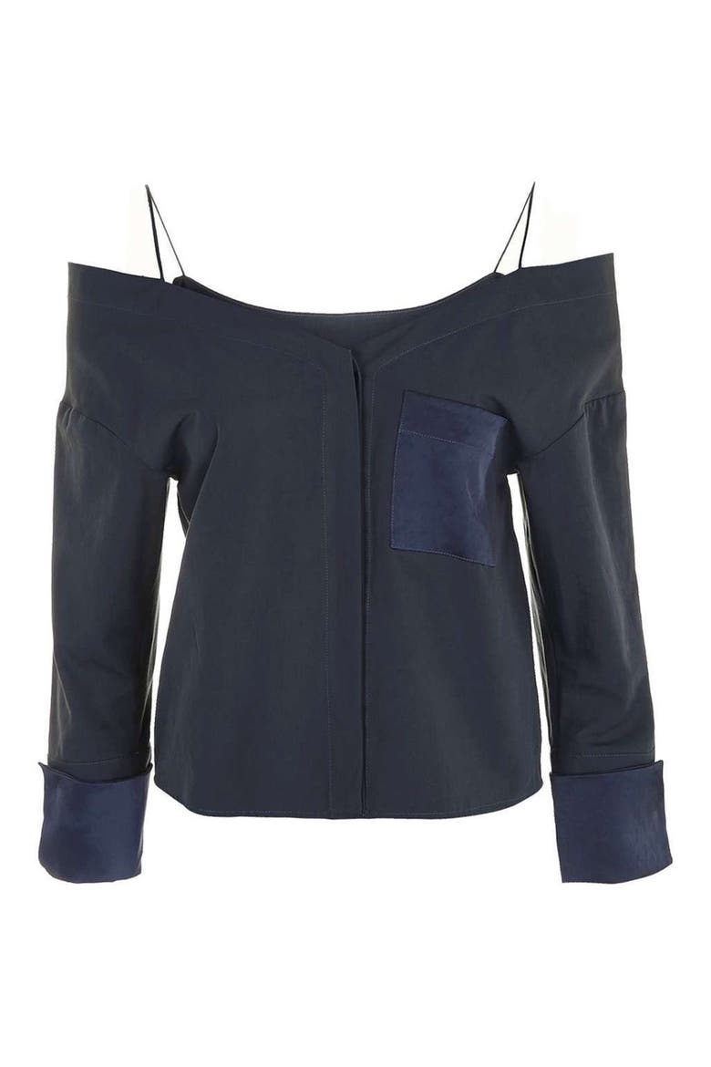 Two-Tone Off the Shoulder Shirt, Alternate, color, NAVY BLUE