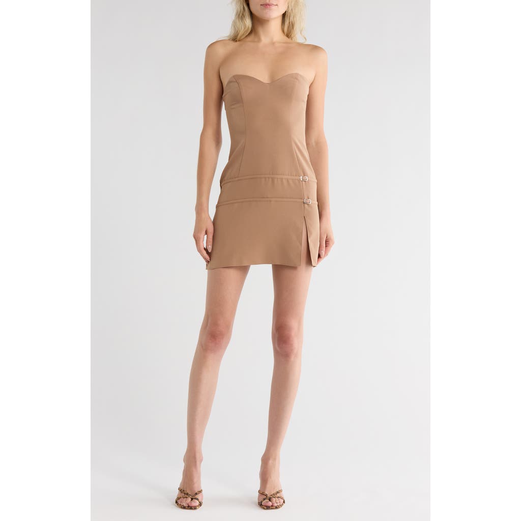 Asos Design Sweetheart Neckline Structured Mini Dress With Buckle Detail In Camel-green In Brown