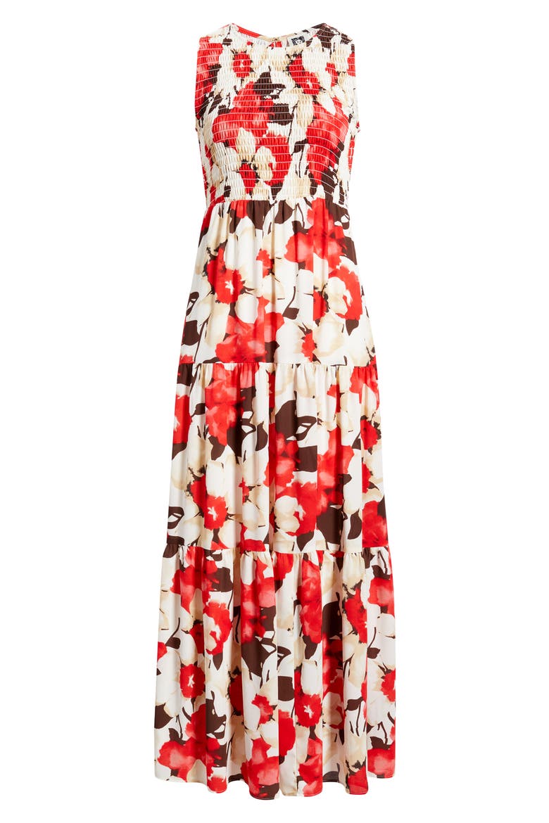 Smocked Bodice Sleeveless Flared Maxi Dress, Alternate, color, WHITE DOVE MULTI