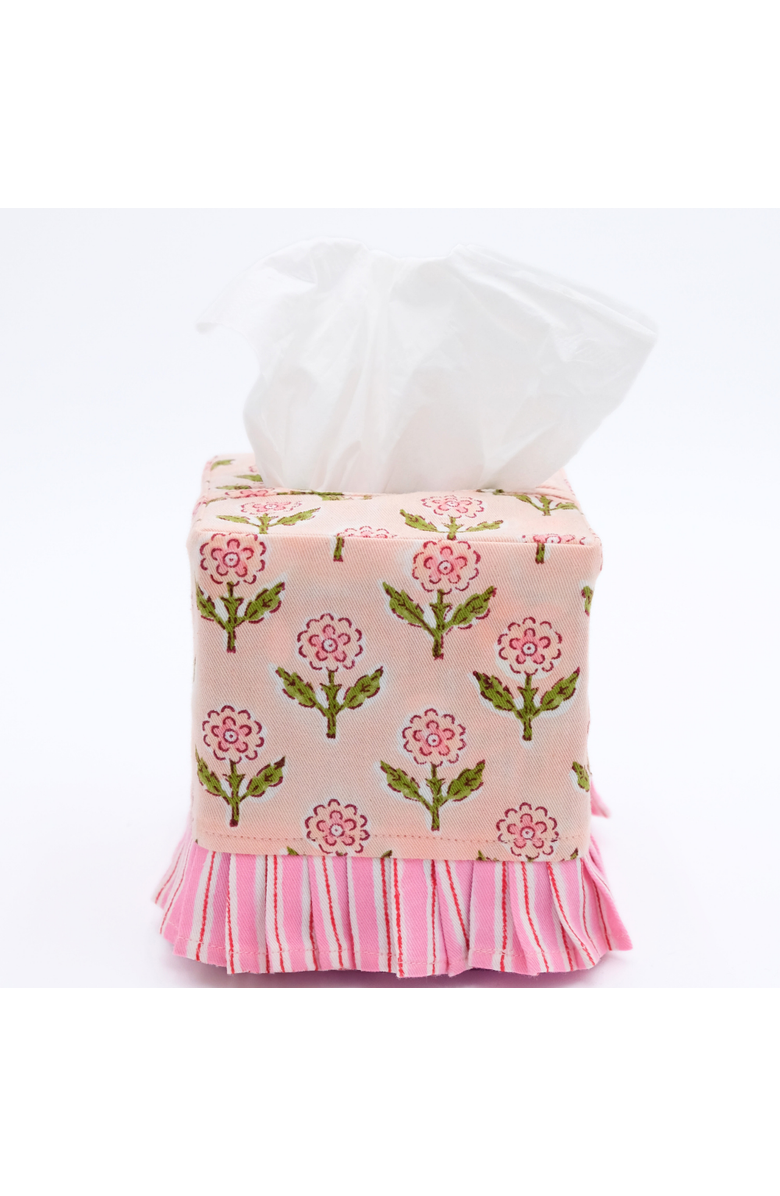 Inner Child Ruffled Tissue Box Cover in Mona Pink Blockprint, Main, color, Mona Pink