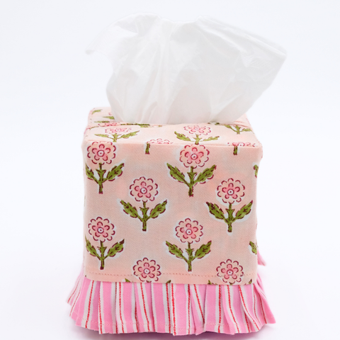 Ruffled Tissue Box Cover in Mona Pink Blockprint