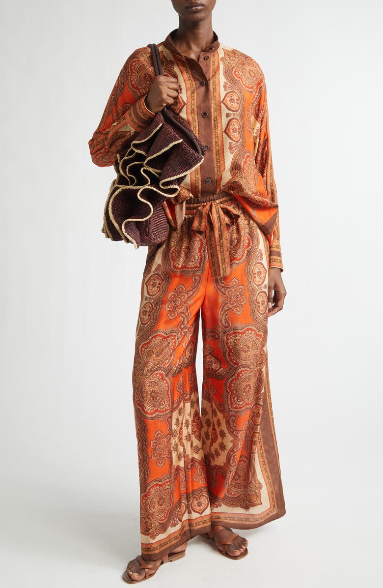 Zimmermann Mahon Paisley Print Habutai Silk Wide Leg Pants, Alternate, color, Tangerine Paisley