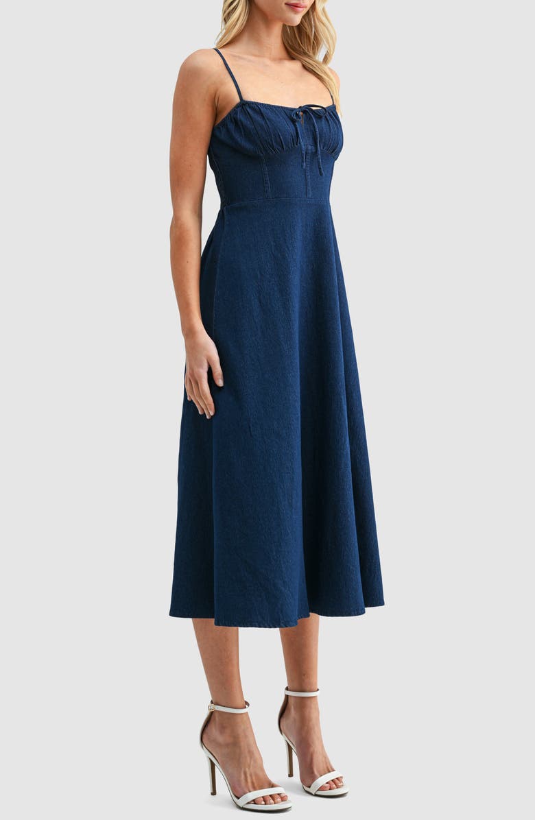 All in Favor Corset Denim Midi Sundress, Alternate, color, Dark Denim