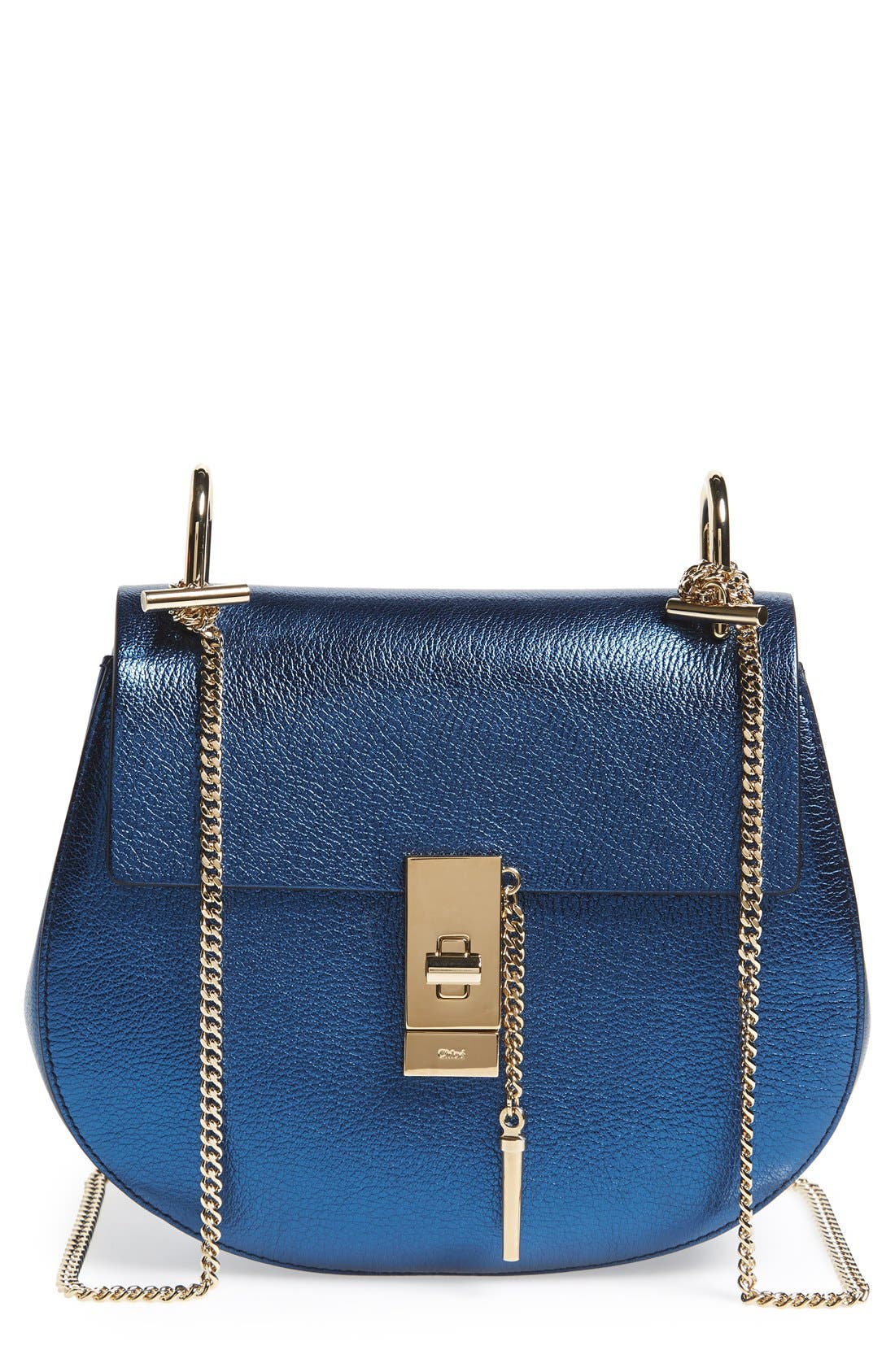 Chloé 'Mini Drew' Metallic Pebbled Leather Shoulder Bag, Main, color, 