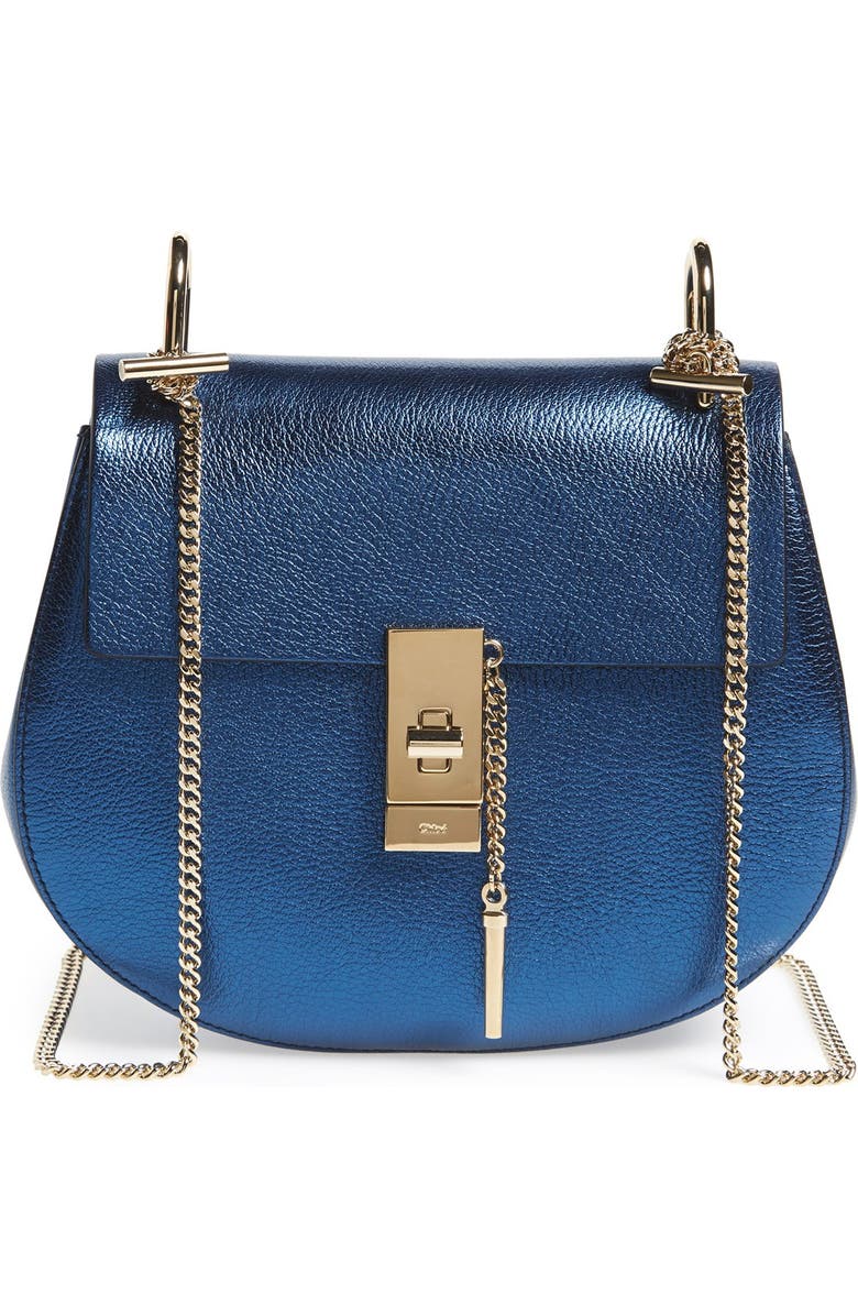 Chloé 'Mini Drew' Metallic Pebbled Leather Shoulder Bag, Main, color,