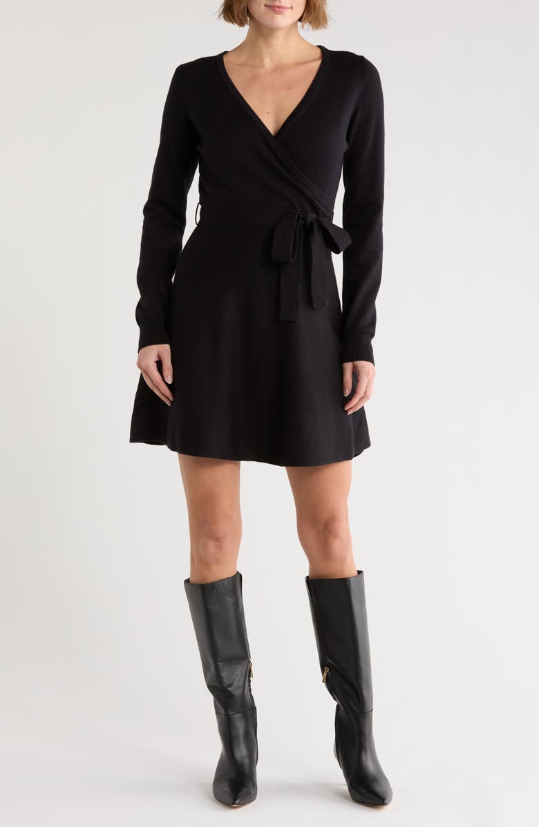 French Connection Long Sleeve Wrap Minidress, Main, color, Black