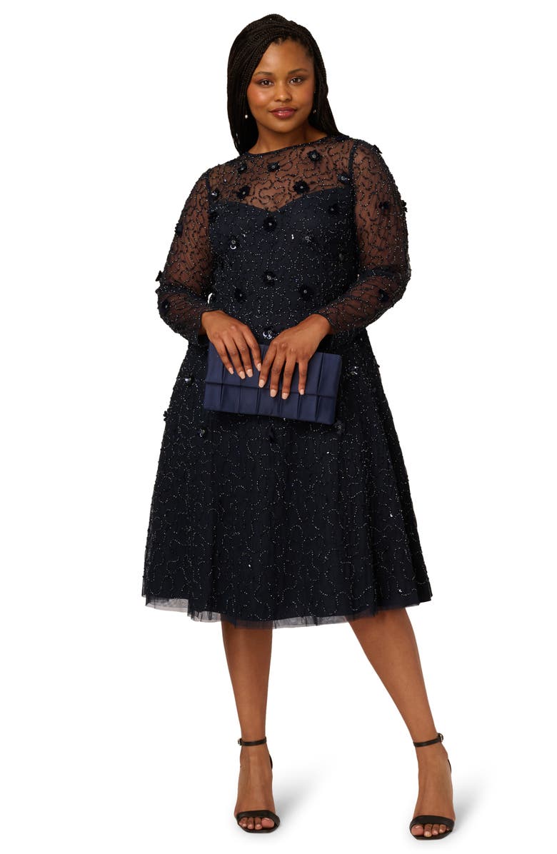 Adrianna Papell 3D Floral Beaded Long Sleeve Illusion Cocktail Dress, Alternate, color, Midnight