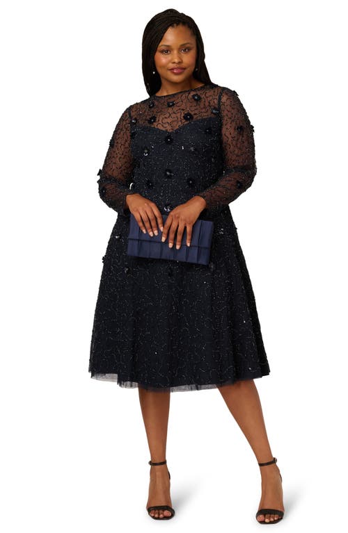 Adrianna Papell 3d Floral Beaded Long Sleeve Illusion Cocktail Dress In Black