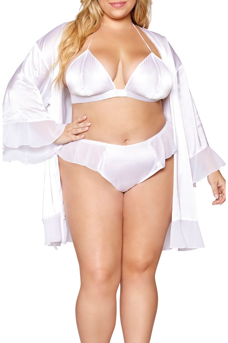 Satin & Chiffon Bralette, Robe & Thong Set, Alternate, color, WHITE