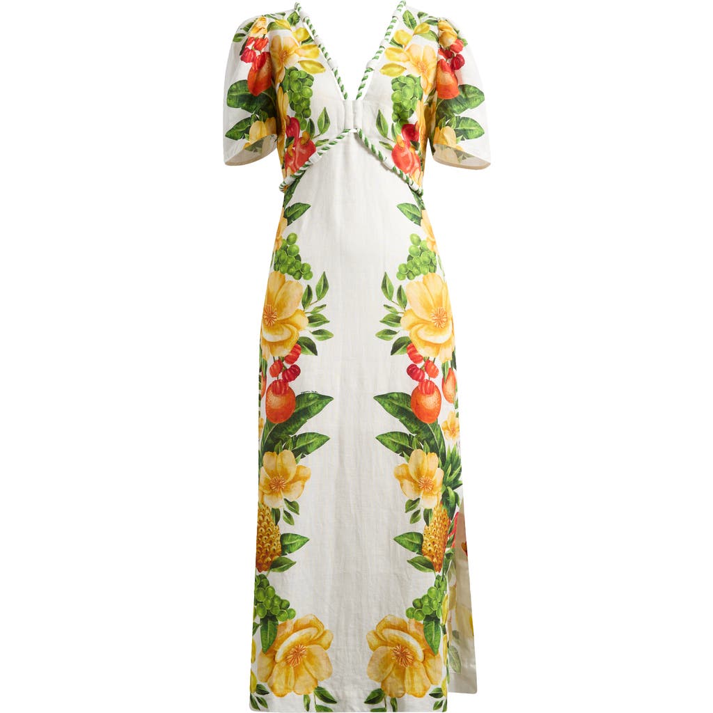 Farm Rio Picnic Flower Printed Linen Maxi Dress In Multi