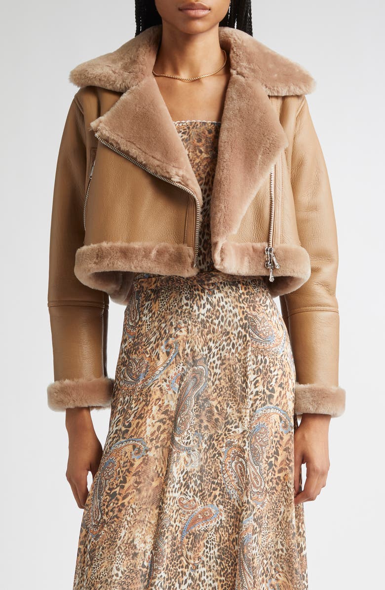 L'AGENCE Pike Leather & Genuine Shearling Crop Jacket, Main, color, Chanterelle