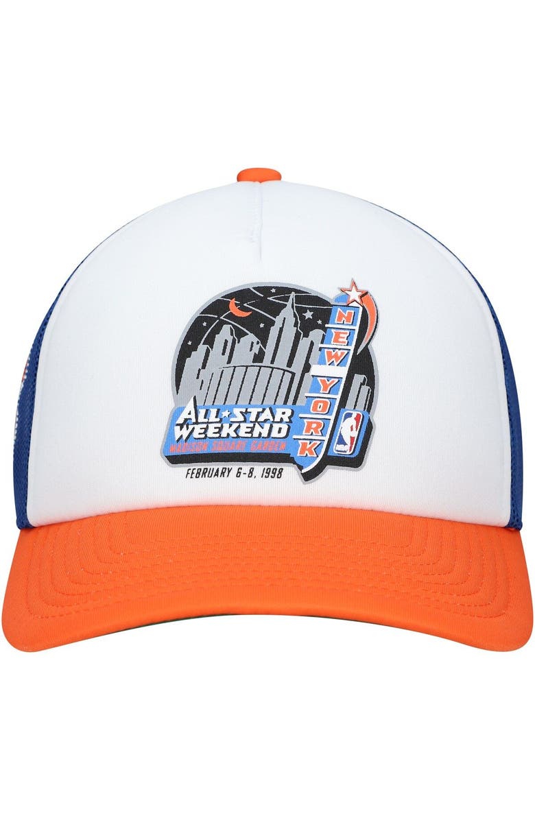 Mitchell & Ness Men's Mitchell & Ness White New York Knicks Hardwood Classics Party Time Trucker Snapback Hat, Alternate, color,