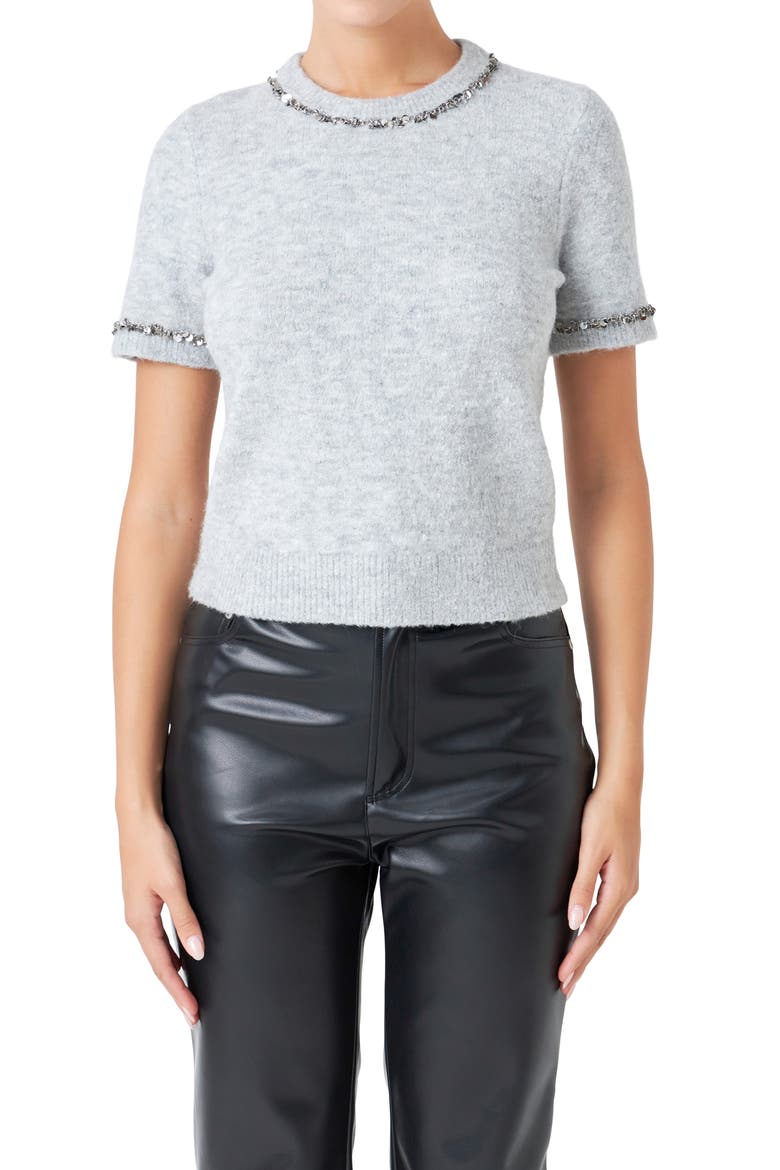 Paillette Trim Short Sleeve Sweater, Main, color, HEATHER GREY