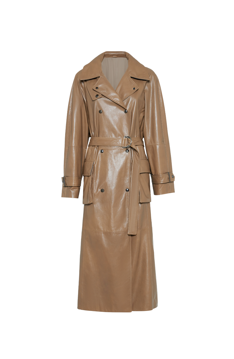 Brunello Cucinelli Polished nappa leather trench with monili, Main, color, Cognac