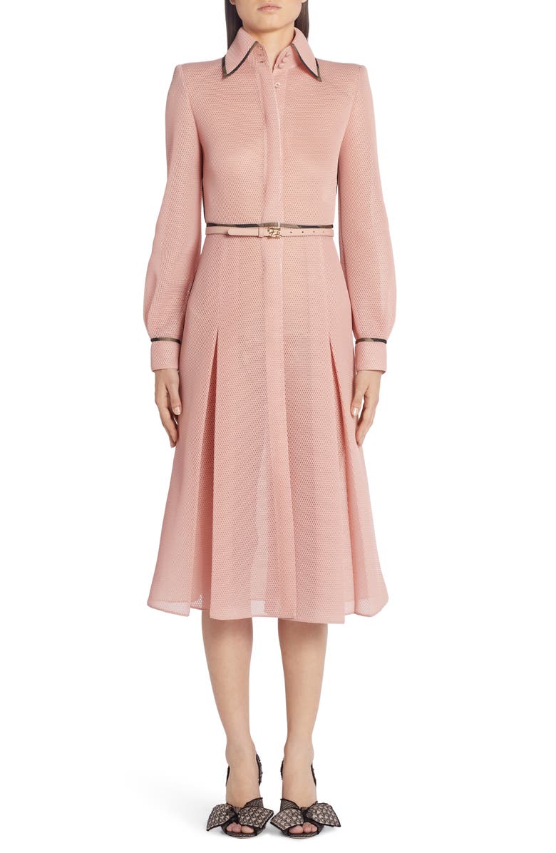 Fendi Pleated Long Sleeve Mesh Midi Shirtdress, Main, color,