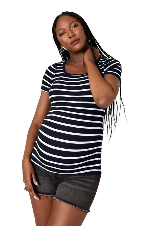 Square Neck Rib Knit Short Sleeve Top