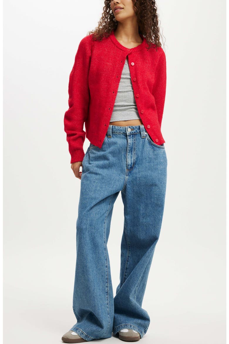 Luxe Crew Button Cardigan, Alternate, color, REBEL RED
