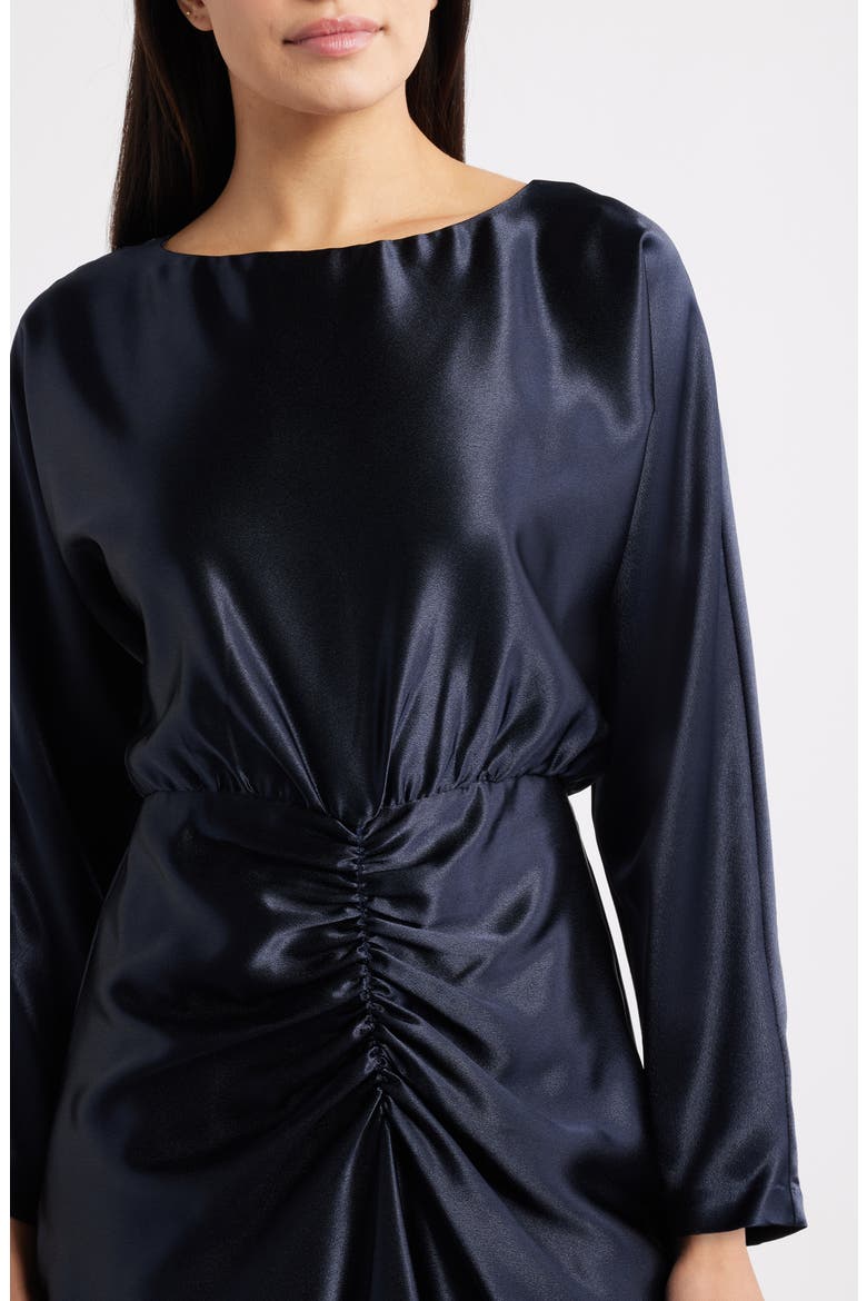 Long Sleeve Satin Cocktail Midi Dress, Alternate, color, NAVY