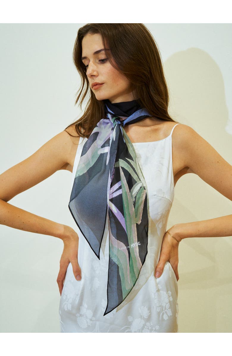 Lost Pattern x NYBG "Oasis Charms" Silk Chiffon Neck Scarf, Alternate, color, Black