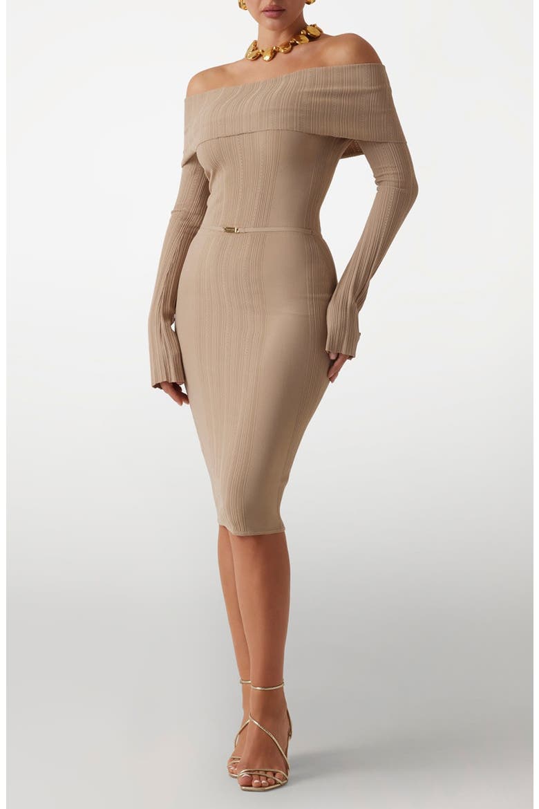 Giada Off the Shoulder Rib Body-Con Dress, Main, color, BROWN
