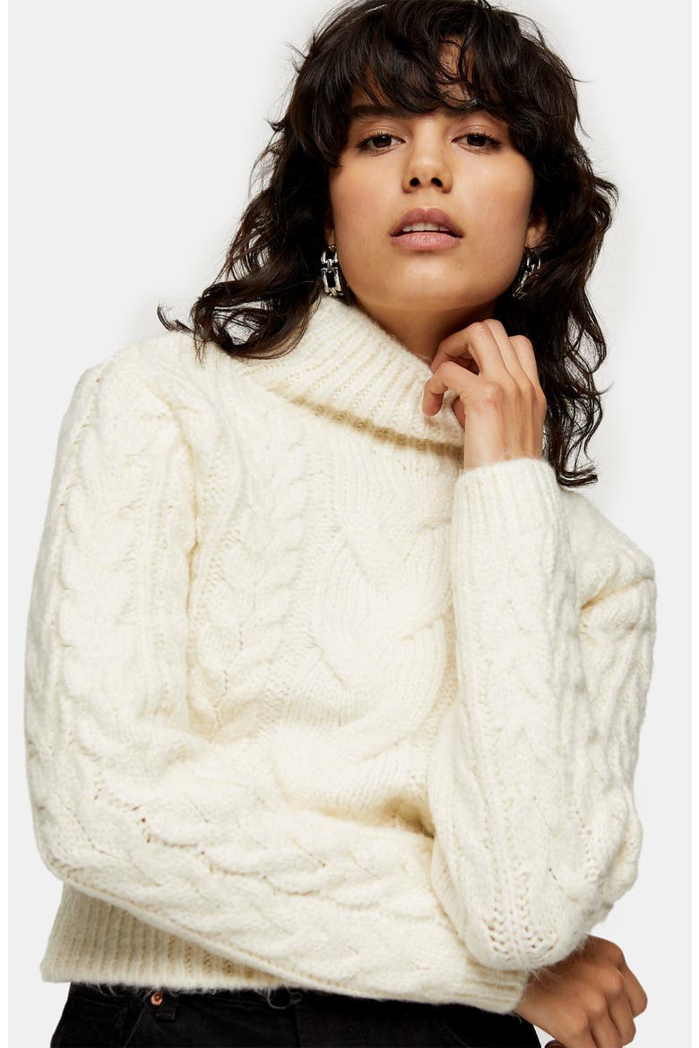 Cable Roll Crop Sweater, Alternate, color, IVORY