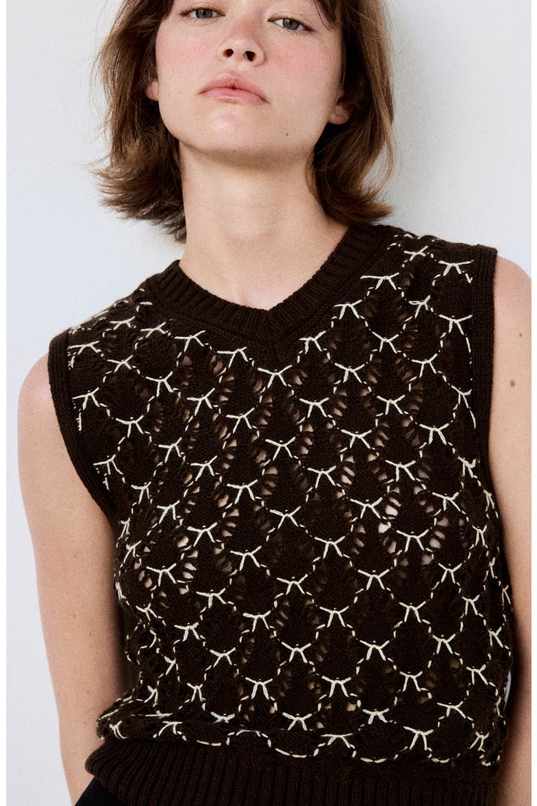 Contrast Crochet Sweater Vest, Alternate, color, BROWN