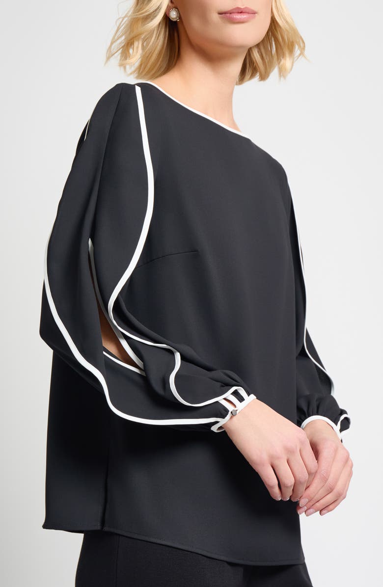 Misook Contrast Trim Butterfly Sleeve Crépe de Chine Top, Alternate, color, Black/ White