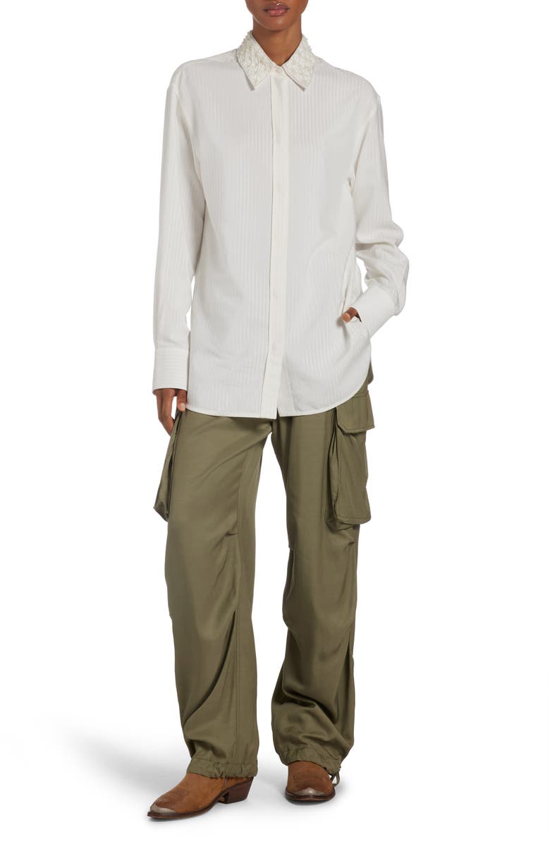 Golden Goose Imitation Pearl Embellished Jacquard Stripe Button-Up Shirt, Alternate, color, Antique White