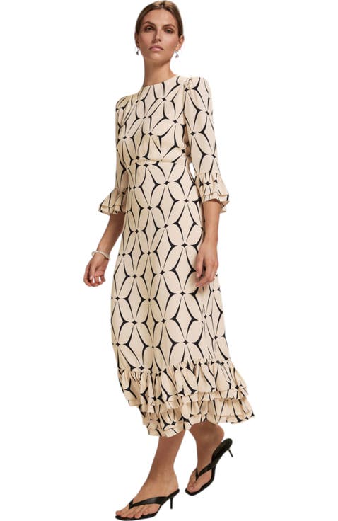 Geo Print Ruffle Midi Dress