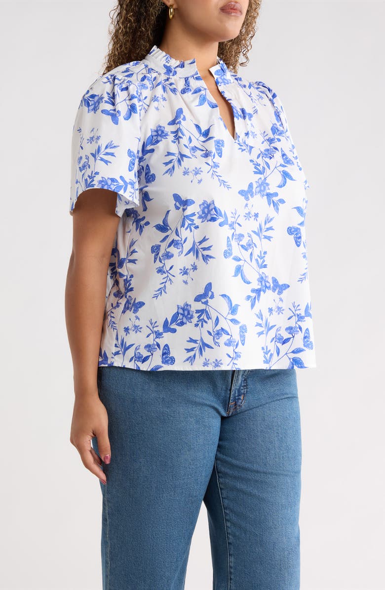 SUGARLIPS Leya Floral Inaya Split Neck Top, Alternate, color, White-Blue-Multi