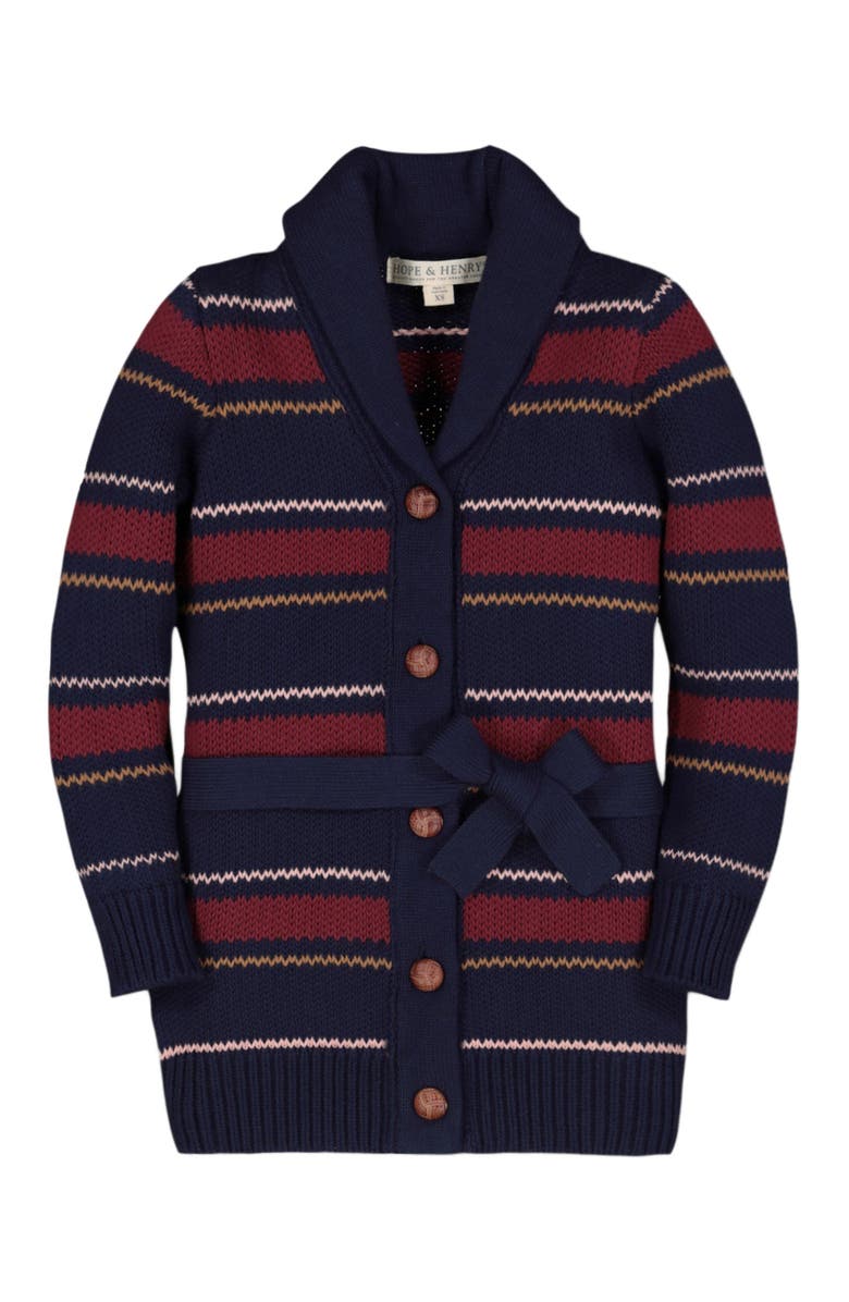 Hope & Henry Baby Girls' Shawl Collar Cardigan with Waist Tie, Infant, Main, color, Navy And Berry Multi Stripe