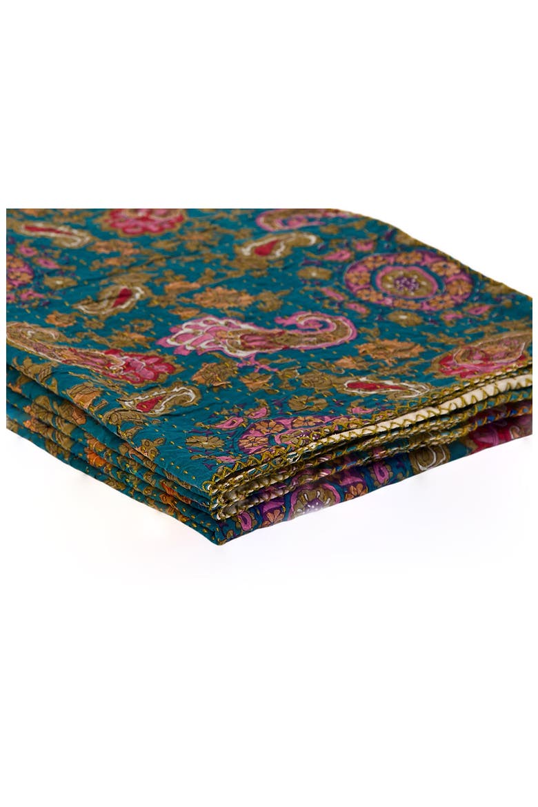 Vintage Cotton Kantha Throw Blanket, Alternate, color, TEAL PAISLEY