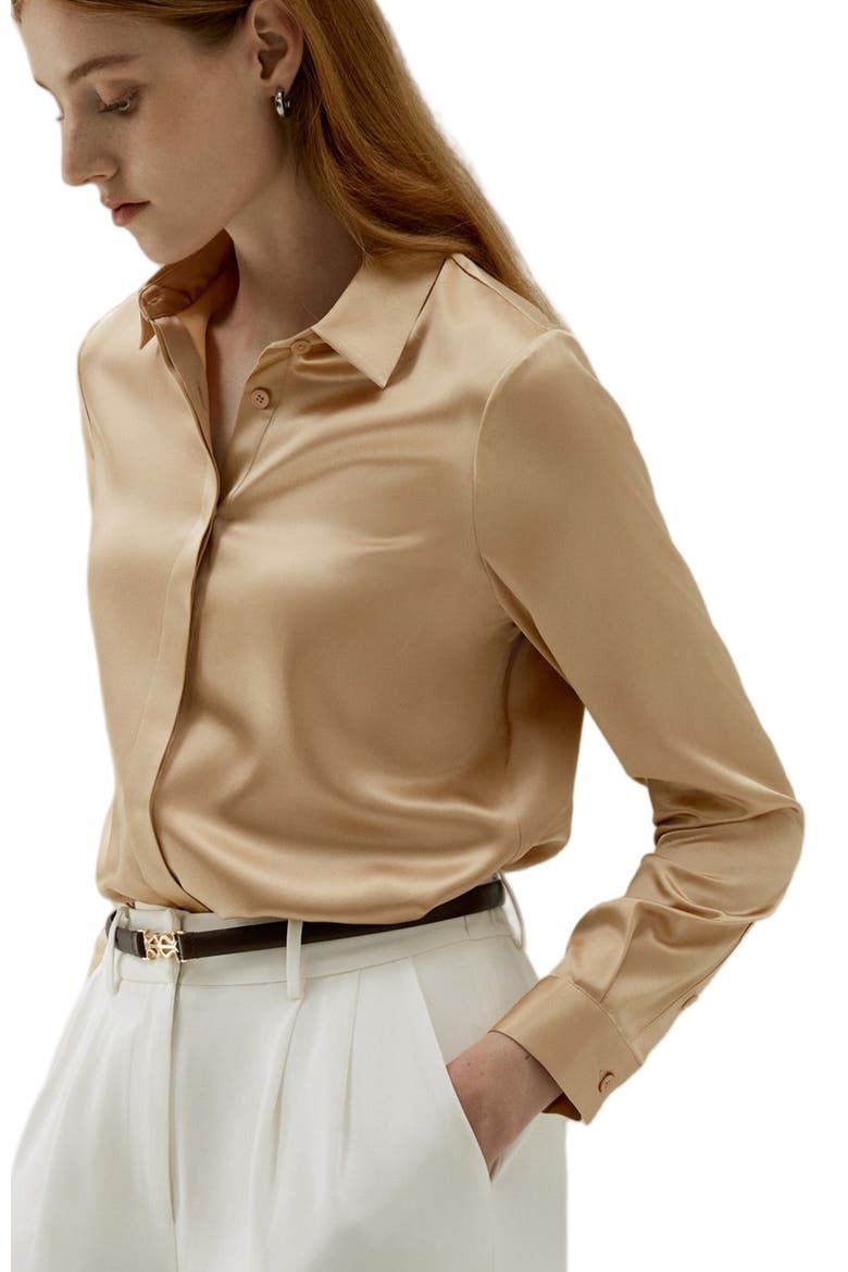Women's Basic Concealed Placket Silk Shirt, Main, color, Light Camel