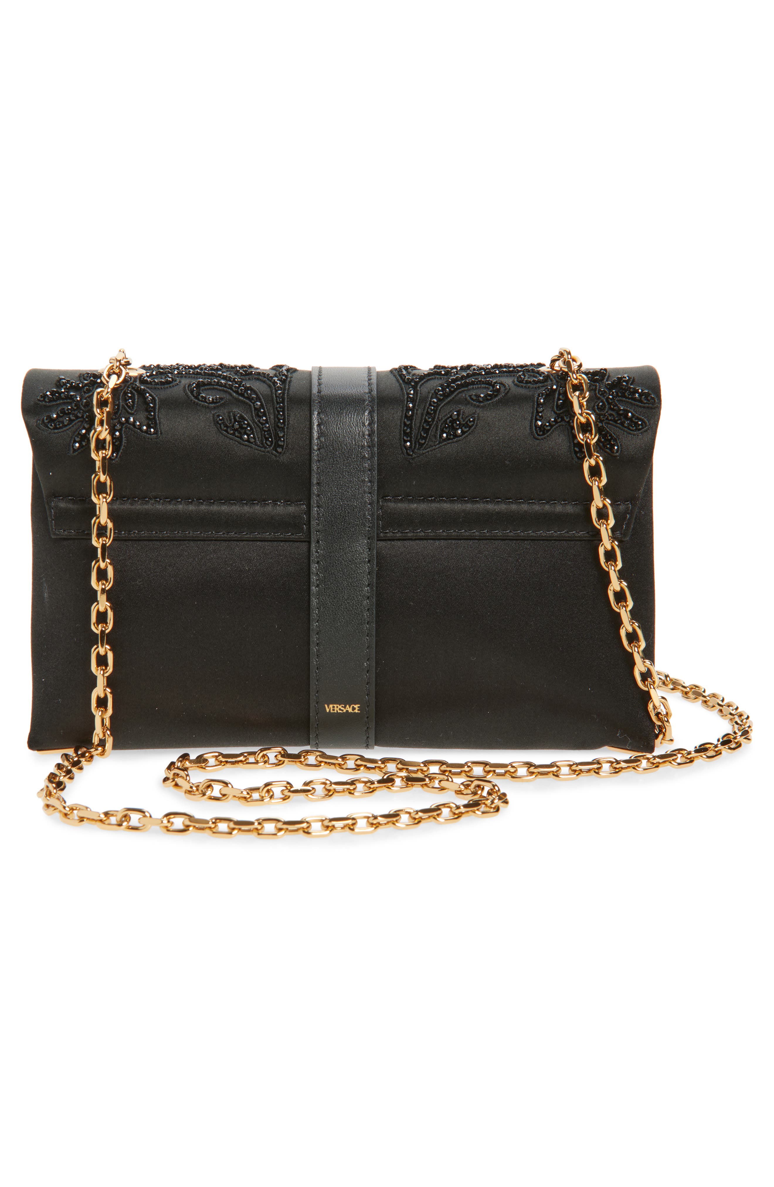Versace Mini Kleio Embellished Satin Wallet on a Chain, Alternate, color, Black-Versace Gold